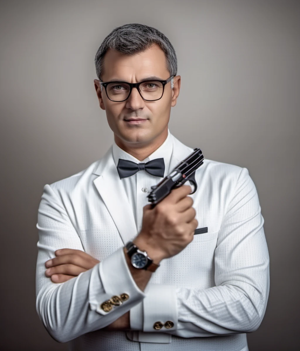 cinematic photo a full body portrait of man, glasses,  detailed eyes, detailed skin, wristwatch, poses like james bond<lora:YusufDikec1024:0.8> . 35mm photograph, film, bokeh, professional, 4k, highly detailed