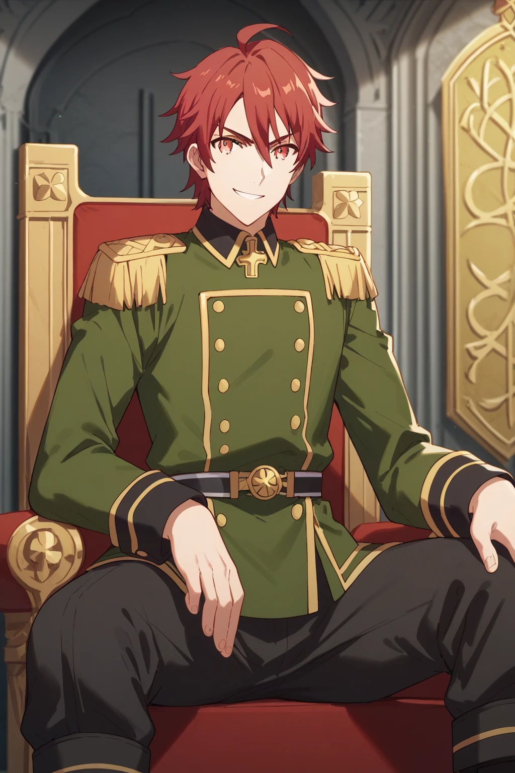 (score_9, score_8_up:1.1), score_7_up,halbert magna, 1boy, red hair, solo, red eyes, green military uniform, smirk, looking at viewer, black pants, sitting, spread legs, throne room, kippuart