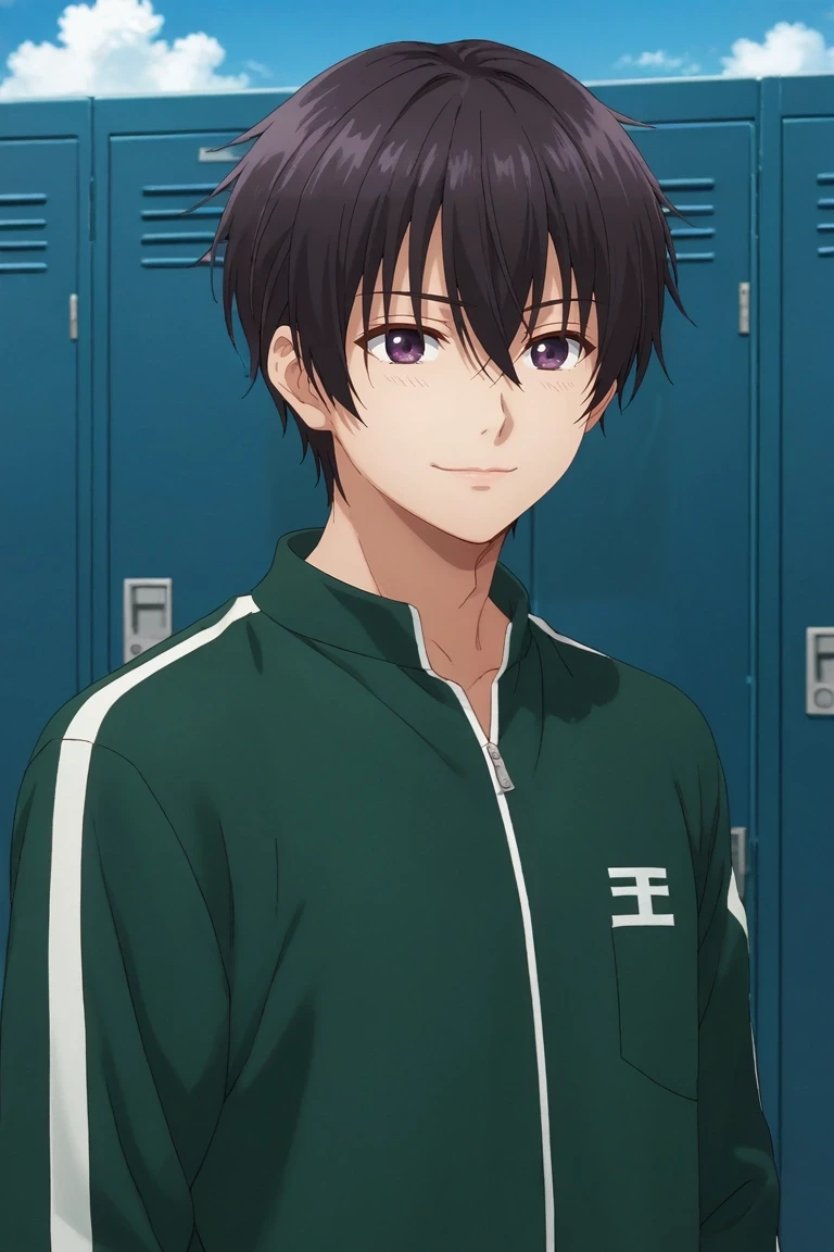 score_9, score_8_up, score_7_up, source_anime, rating_safe, , semi-realistic, , , 1boy, solo, male focus, <lora:amane_fujimiya_pony:0.88>, amane_fujimiya, black hair, purple eyes, short hair, bangs, hair between eyes, , cowboy shot, locker room, day, clouds, slouching, smile, irish costume, <lora:sdxl_lightning_8step_lora:1>