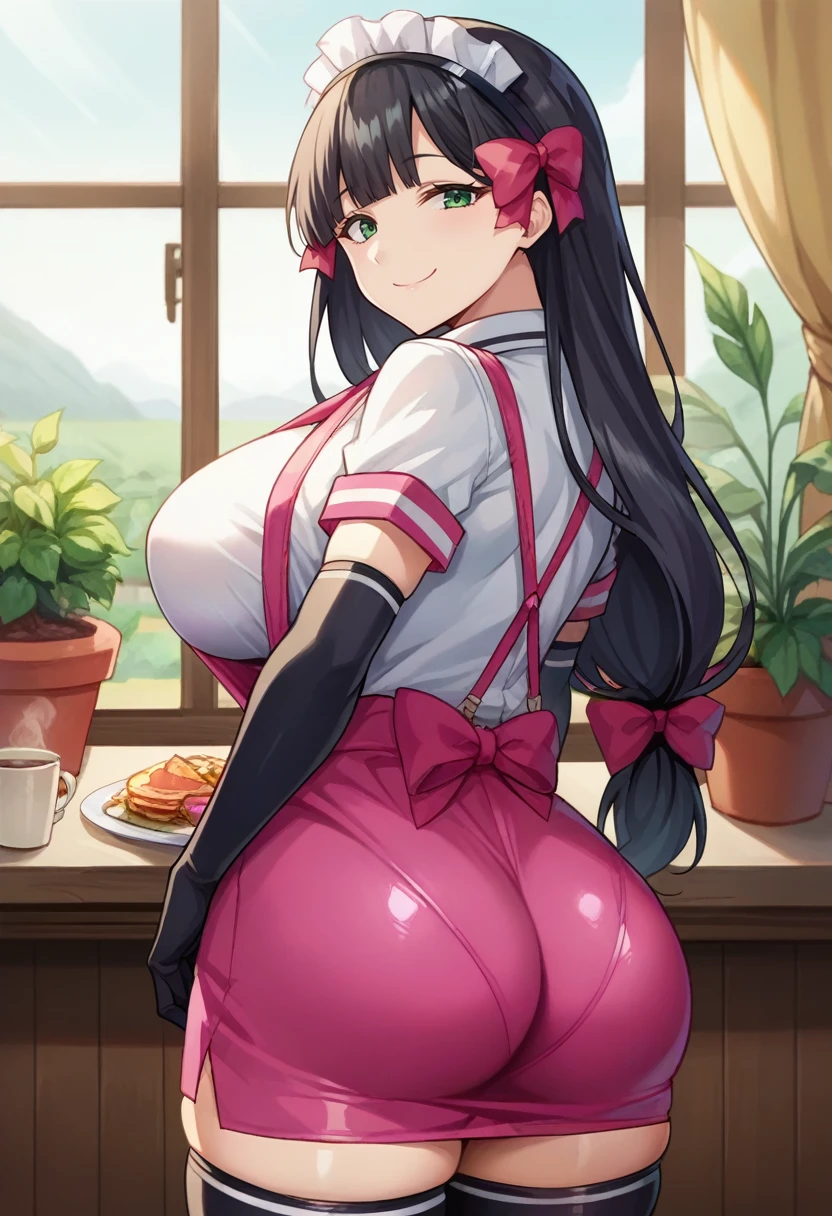 solo, <lora:maidAkiha-10:1> maidakiha, blackhair, long hair, low-tied long hair, blunt bangs, green eyes, large breasts, voluptuous, pink ribbon, hair ribbon, maid headdress, white shirt, pink suspenders, elbow gloves, black gloves, miniskirt, pink skirt, pink necktie, pink apron, between breasts, black thighhighs, skindentation, (looking at viewer, smile, smug, naughty face, ass, low-tied long hair, looking back, hair bow, from behind), (scenery, plant, food, window, potted plant, indoors, cafe, restaurant, cowboy shot), 16k, masterpiece, absurdes, highly detailed, highres, high quality, best quality, score_9, score_8_up, score_7_up, score_6_up, shiny, shiny skin, shiny hair, shiny clothes, source_anime, anime screencap, anime colouring, cel shading, looking at viewer, portrait, upper body