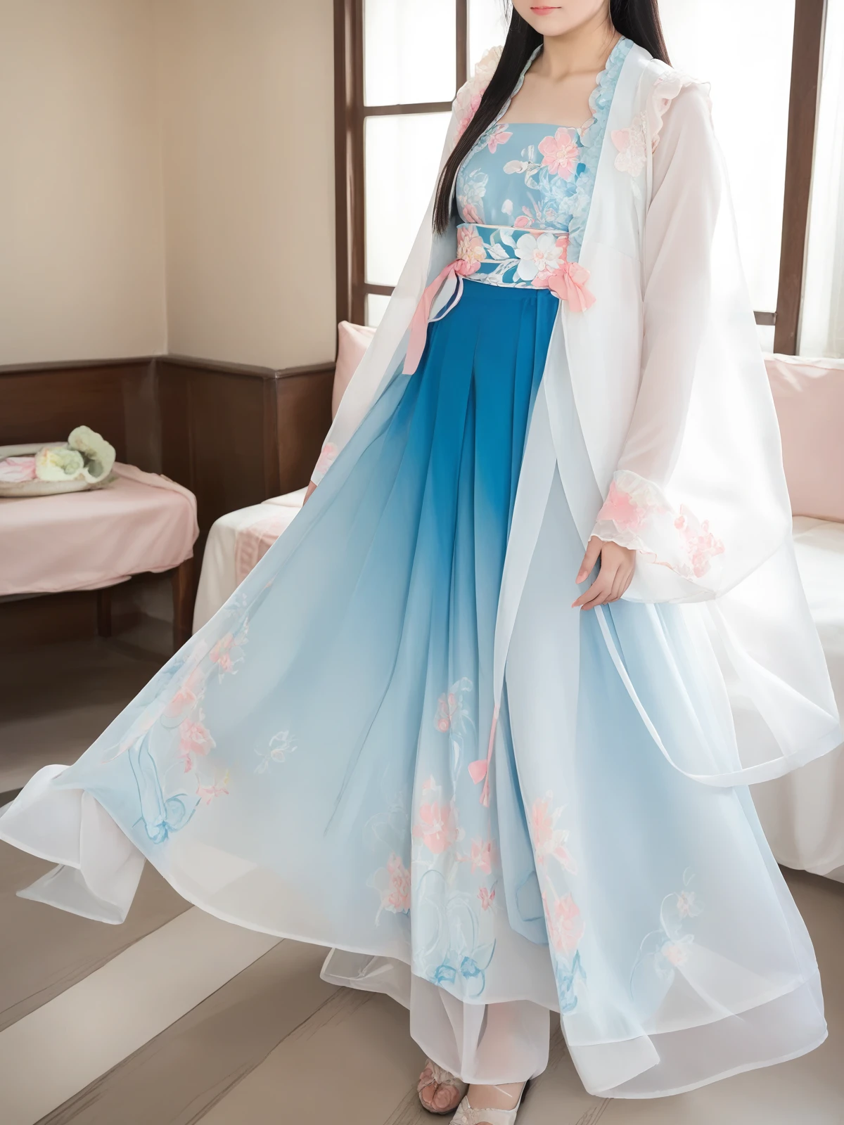 Chiffon blouse, Print, Ruffles, best quality, masterpiece, long hair, small breasts, <lora:Ð¿Ð»Ð°ÑÑÑ:0.8>, Hanfu_dress