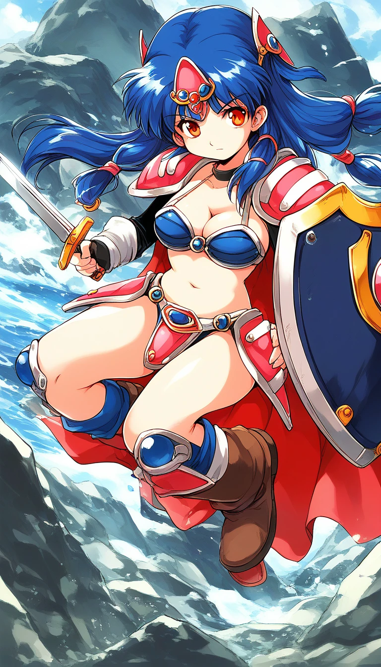 (obra-prima, vibrante, detalhado, highres) aqua \(konosuba\) olhos azuis, blue footwear, cabelo azul, coxas azuis, botas, seios, bolha, mangas brancas destacadas, ornamento de cabelo, hair rings, cabelo longo, middlebreasts, single hair ring, saia, solo, botas de coxa, coxas, cabelo muito longo, coxas brancas, kono subarashii sekai ni shukufuku wo!, sorriso, pastagem, castelo dilapidado em distante, blue skies, sentado em uma rocha, brava, flying like Superman sword in hand
