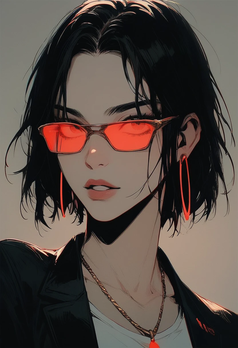 score_9, score_8_up, score_7_up, score_6_up, gthan, Stylized digital portrait of a person with fair skin and short, dark hair. The subject is wearing red-tinted sunglasses, a white shirt, and a black blazer. They have a confident expression with slightly parted lips and a relaxed posture. The background is a solid, vibrant red, which contrasts with the subject's attire. The person is accessorized with gold jewelry, including a necklace with a pendant and small hoop earrings. The overall composition is bold and striking, with a focus on the subject's face and upper body, flat color, dark theme