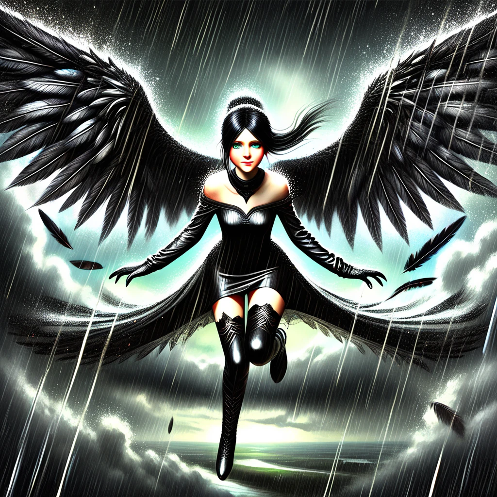 female fallen angel, 1girl, looking at viewer, angel wings, black wings, feathered wings, feathers, solo focus, pale skin, no humans, solo, wings, black hair, thighhighs, rain, green eyes, flying, boots, sky, cloud, thigh boots, skirt, gloves, cloudy sky, black thighhighs, black dress, dress