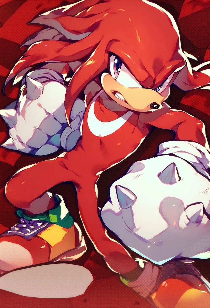 score_9, score_8_up, score_7_up, score_6_up, knuckles the echidna, solo, male, red checkered background, gloves, shoes, action pose