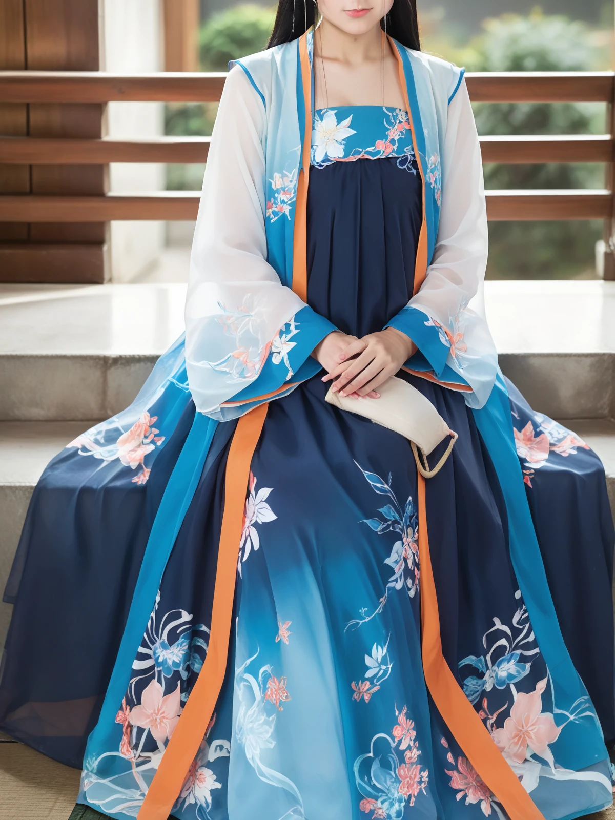 Chiffon blouse, Print, Ruffles, best quality, masterpiece, long hair, small breasts, <lora:Ð¿Ð»Ð°ÑÑÑ:0.8>, (Hanfu_dress:1.2)