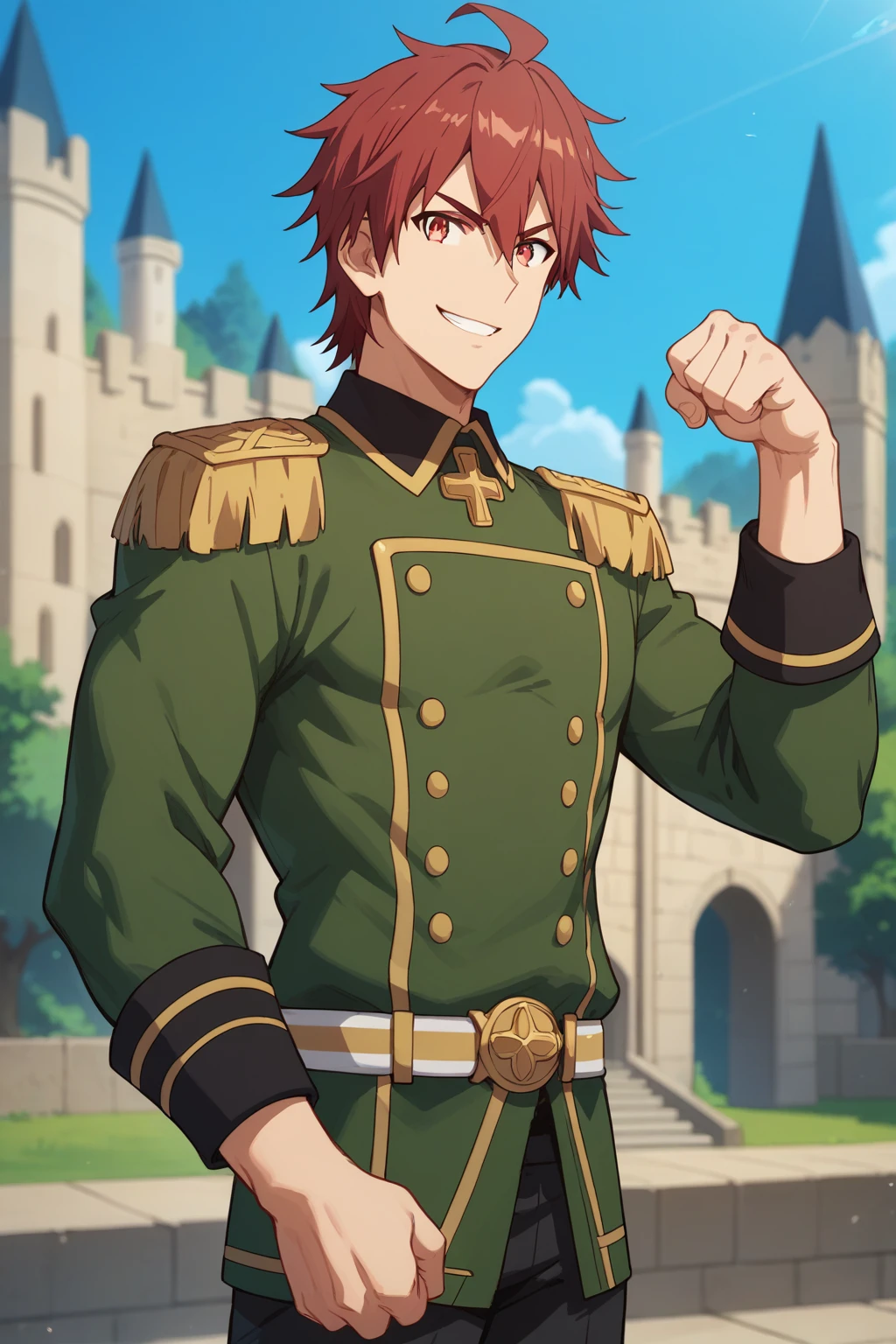 (score_9, score_8_up:1.1), score_7_up,halbert magna, 1boy, red hair, solo, red eyes, green military uniform, smirk, looking at viewer, black pants, toned body, flexing, castle gates, outdoors, cowboy shot