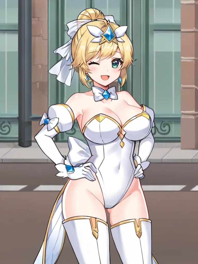 <lora:cecifairyprincess:0.7>
1girl, solo, magicalangelfairyprincess, magical girl, blonde hair, green eyes, single hair bun, tiara, jewelry, hair bow, bowtie, gloves, elbow gloves, bare shoulders, cleavage, large breasts, leotard, thigh boots, standing, smile, wink, open mouth, hands on hips, outdoors, city, cowboy shot