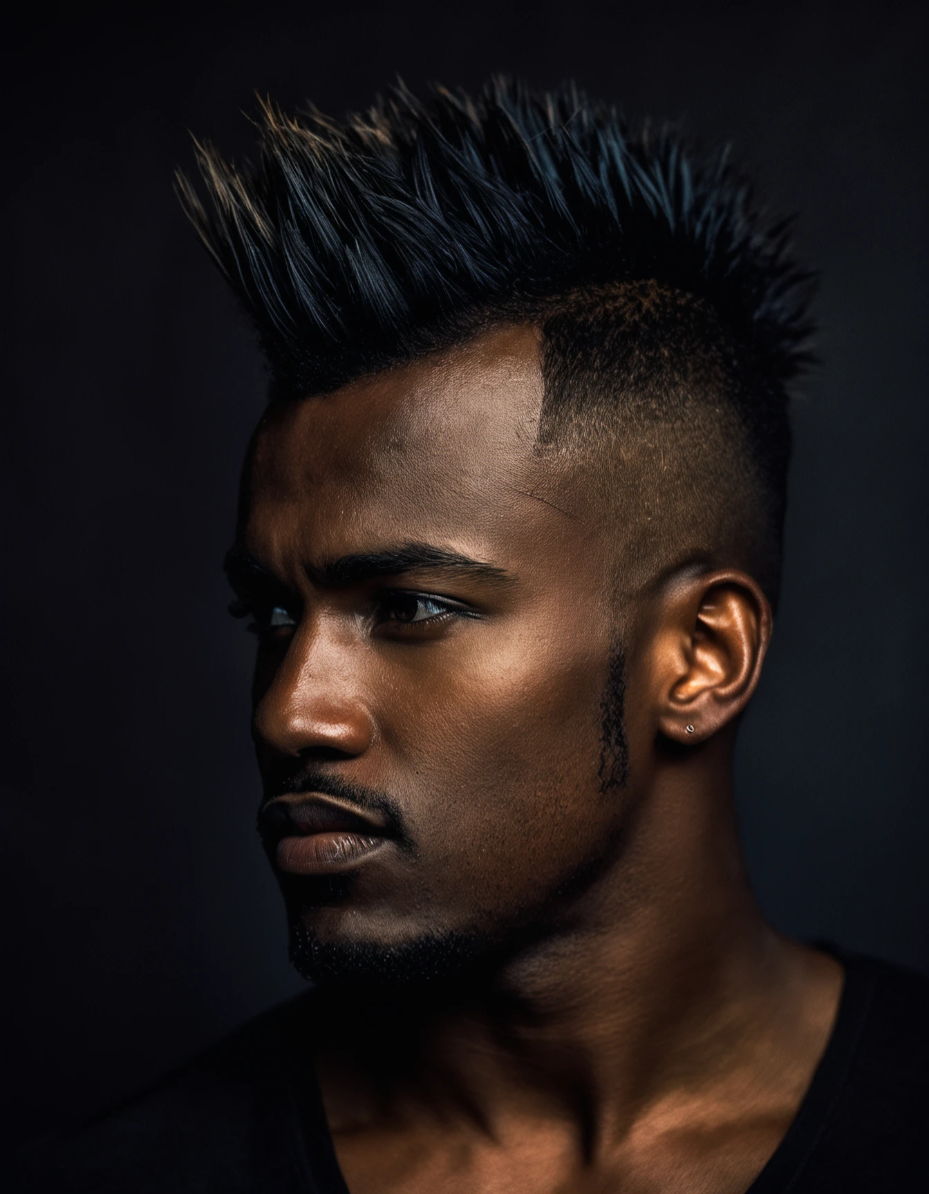 Realistic portrait photograph, contemporary style. Close-up of man, Fit, Mohawk. Soft lighting creates a dramatic, moody ambiance with a dark, textured background. Detailed focus on his eyes. High-resolution image emphasizing texture and natural beauty.