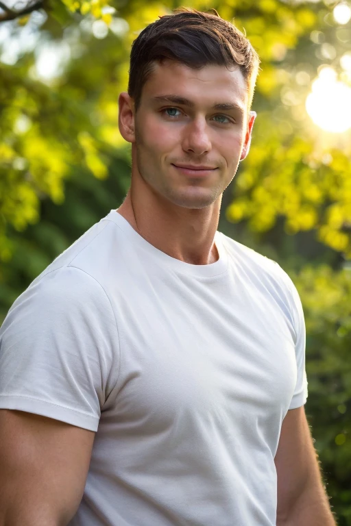 photograph of guy  face focus, upper body High resolution handsome guy, highly detailed, white t-shirt, (look at viewer) bokeh background, sunlight morning, sunburnt, detailed eyes,   <lora:charleslaurent:0.8> charleslaurent (smirking:0.6),, (masterpiece,best quality:1.5)