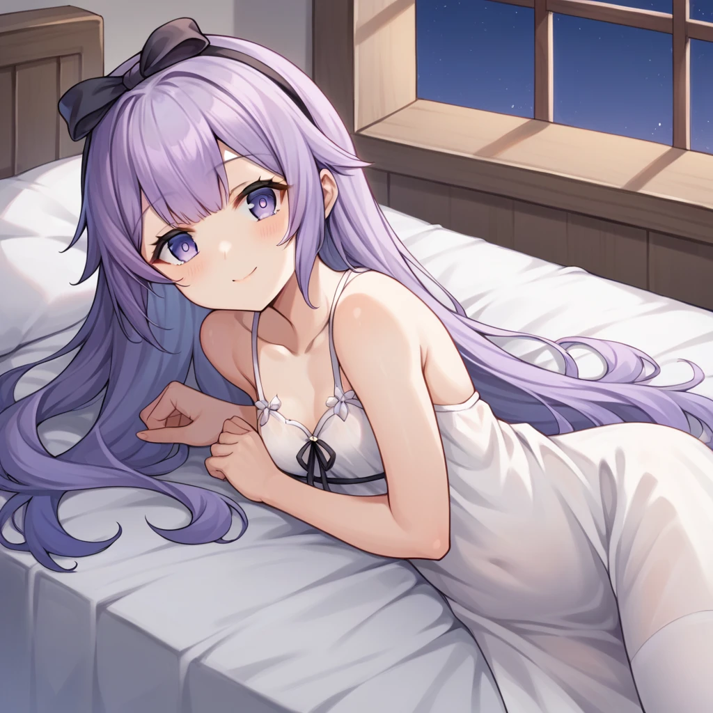 score_9_up, score_8_up, score_7_up, source_anime, masterpiece, best quality, 1girl, solo, UnicornAzur, Uni_Gown, dimmed light, window, night sky, lying on side, head on bed, hands on chest, looking at you, gentle smile, under blanket, pov on bed, unicorn (azur lane), purple hair, long hair, nightgown, white nightgown, hair bow, hairband, white thighhighs, collarbone, black ribbon, small breasts, dynamic cowboy shot, indoors, bedroom background