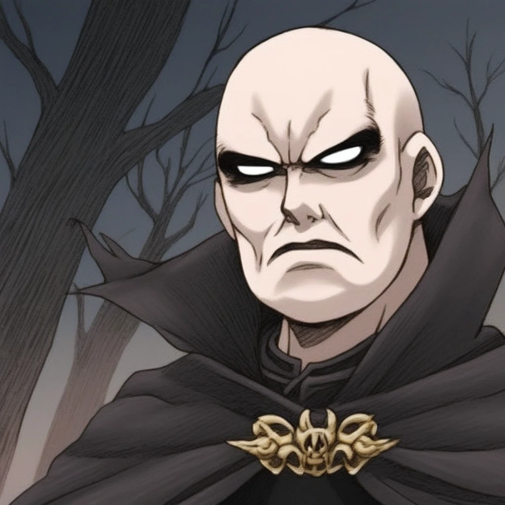 darth bane,  starwars, male focus, solo, 1boy, bald, cape, no pupils, upper body, tree, anime coloring, portrait