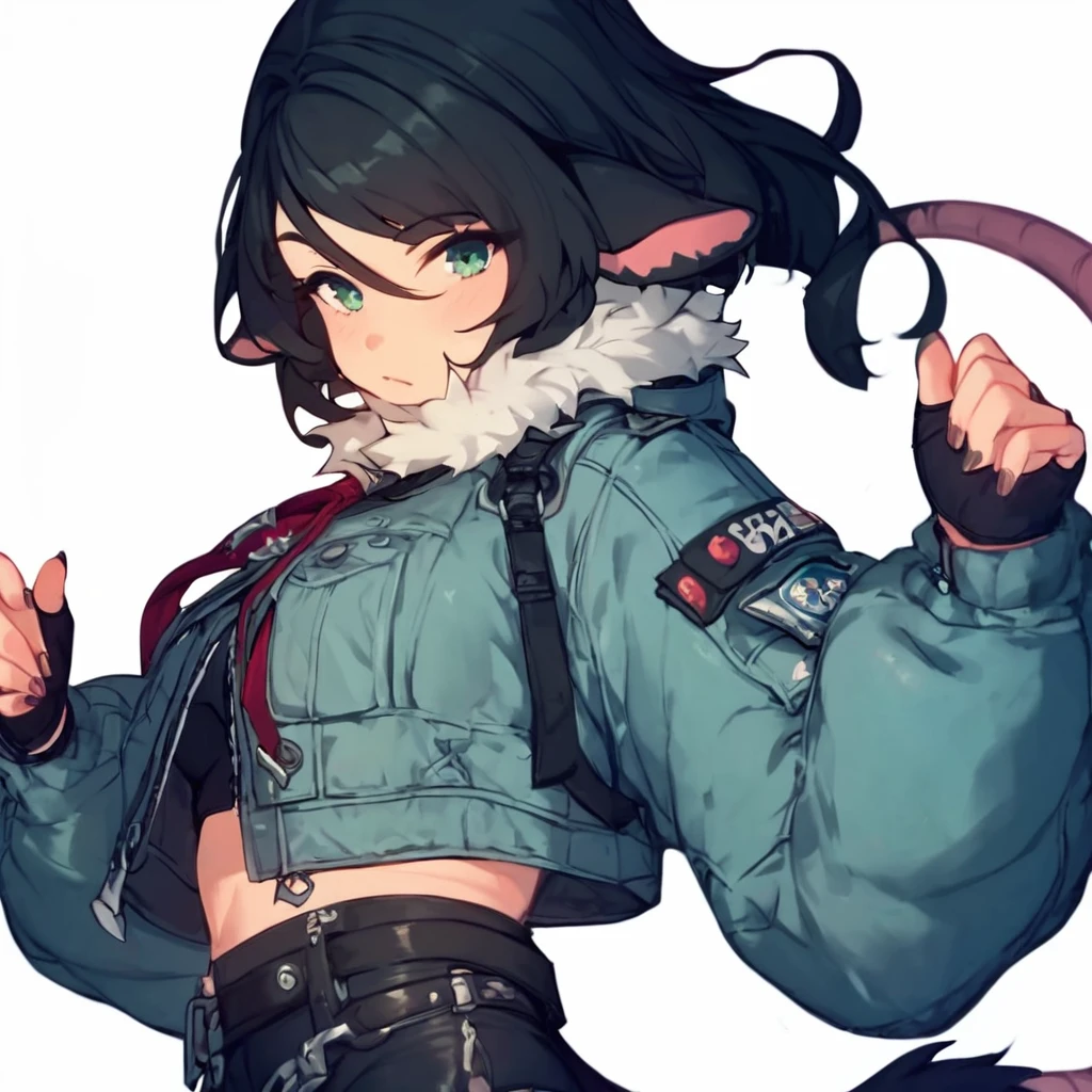 score_9, score_8_up, score_7_up, score_6_up,score_5_up, score_4_up,1girl,jane_doe_zzz, dark hair,black shorts,rat ears,green eyes,peach skin color,long dark hair ponytail red towards the ends,rat tail,dark green aquamarine jacket with fur,torn tights,night street, <lora:janeZZZ-000002:1>,light,dynamic pose