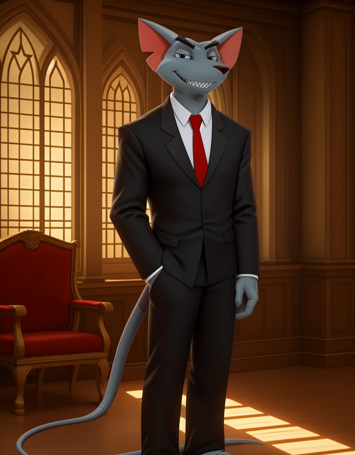 this photograph depicts garytherat wearing a suit in a courtroom, garytherat,rodent:1.2,rat:1.2, standing,  anthro, suit, necktie, pants, rodent tail, barefoot, detailed fur, male,solo, simple eyes, looking at viewer, narrowed eyes, evil smile, teeth, cinematic lighting, anatomically correct, symmetrical,4k,hi res,insanely detailed, inside, ultra realism shading,natural light,<lora:garytherat_YM:0.8>, digital media (artwork)