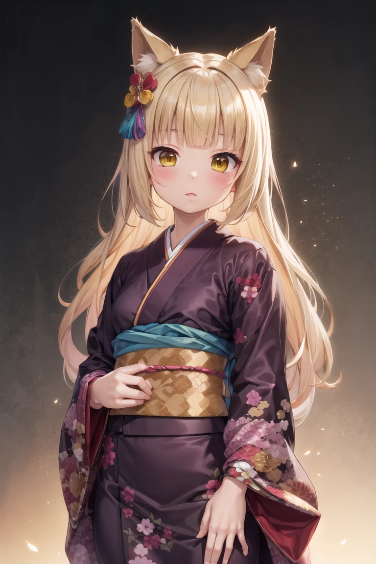 (best quality, masterpiece, RAW photo,ultra-detailed:1.2), 1girl, solo,
kimono, hair ornament, yellow eyes, blonde hair, cat ears, blunt bangs,
<lora:nekoworks_sayori-10:0.8:lbw=ALL>