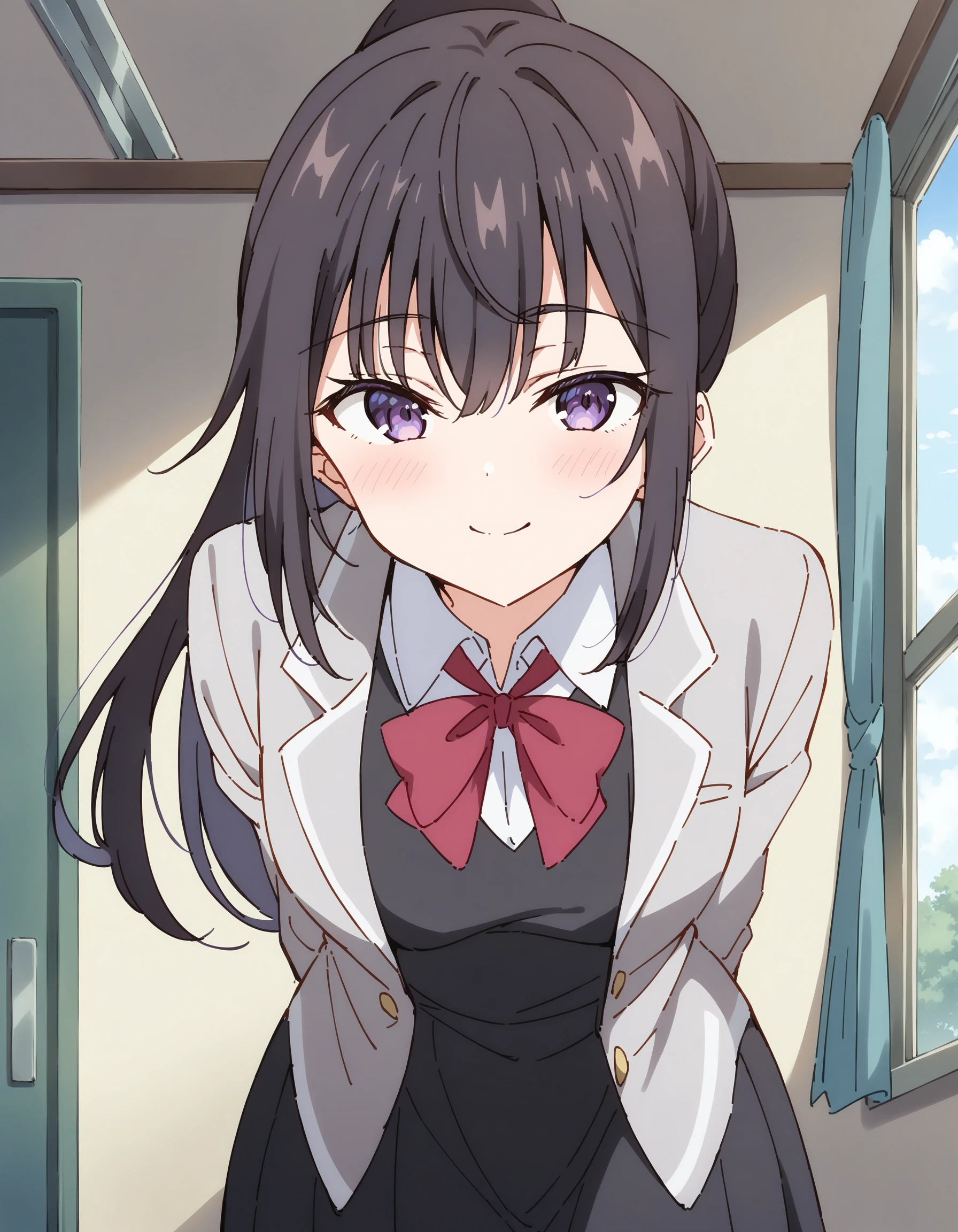 suouyuki_imoto, purple eyes, black hair, long hair, ponytail,
red bow, white shirt, collared shirt, black vest, button, black dress, black thighhighs,
looking at viewer, cowboy shot, indoors, classroom, windows, blue sky, inviting, light smile,
leaning forward, arms at back, hand to mouth, school uniform, grey jacket, open jacket, long sleeves,
best quality, masterpiece,
<lora:hinaYukiSuou_sdxl_wifu_v2-rev9:1>