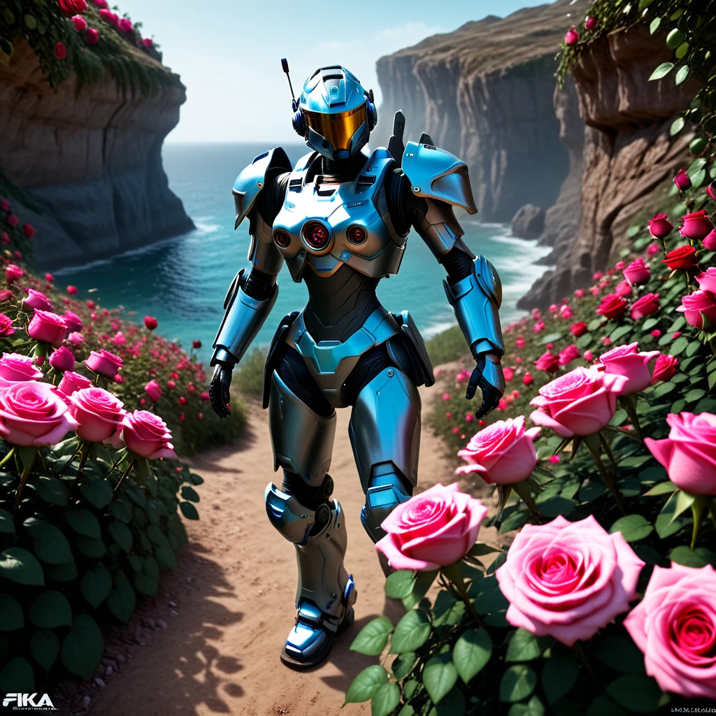 Alyssa the mech warrior, walking up a cove path of multi colored roses, my flower landscape, raw, masterpiece, extreme ultra best picture, extreme ultra intricate creative detail, extreme hyper realistic detail, extreme ultra hyper photo realism, extreme ultra-hyper immersive visuals, extreme 3D realistic, ultra 4080p, HD, VFX, SFX, FKAA, TXAA, RTX, SSAO, portrait shot, 5 perfect