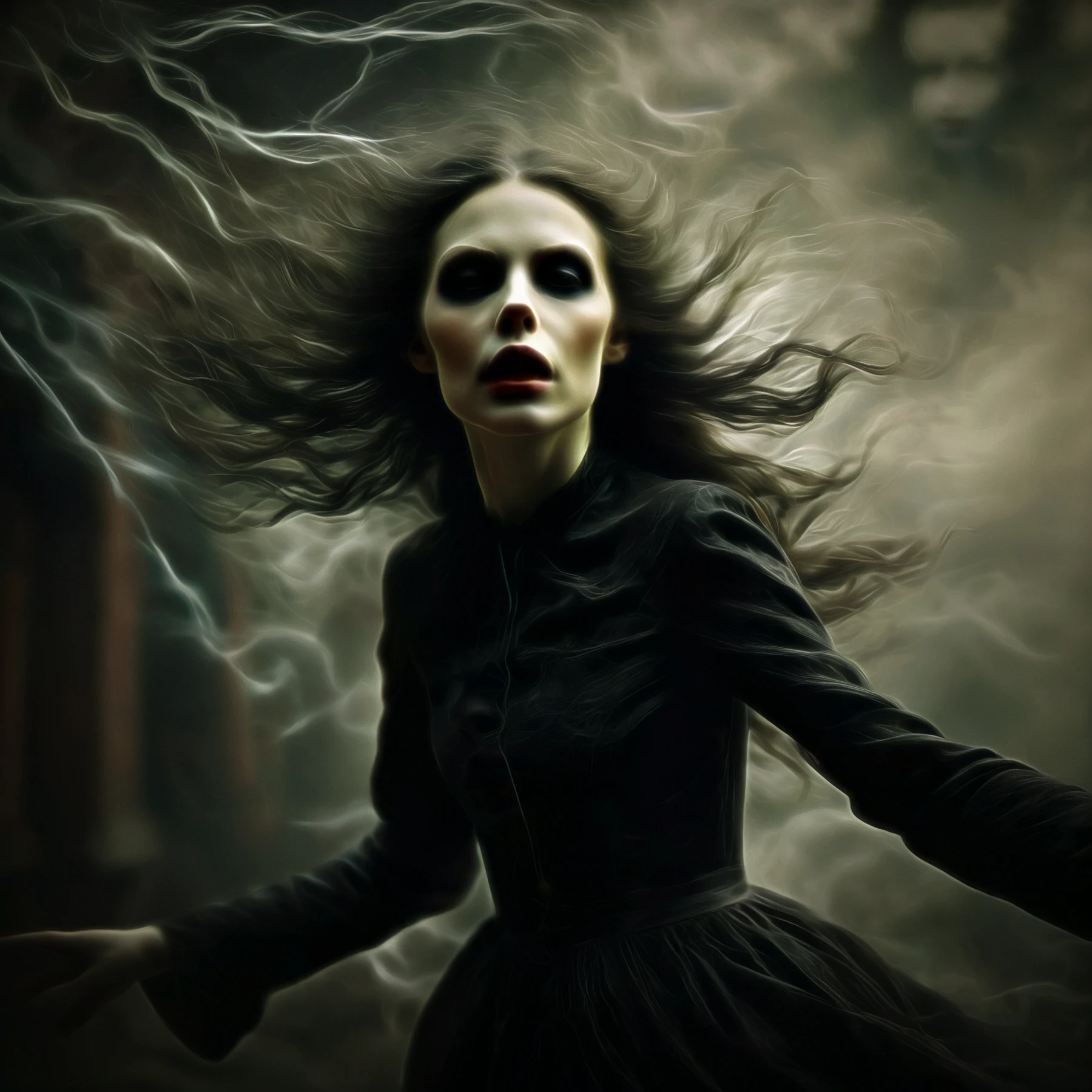 Highly detailed, (sharp focus:1.95).

A young vampire woman, flying through the air. Long dark hair, goth makeup. Dramatic vintage clothing, 1800s style. Electrical streaks in her hair.

<lora:Banshee01-04_CE_SDXL:0.9> bnsheeCE