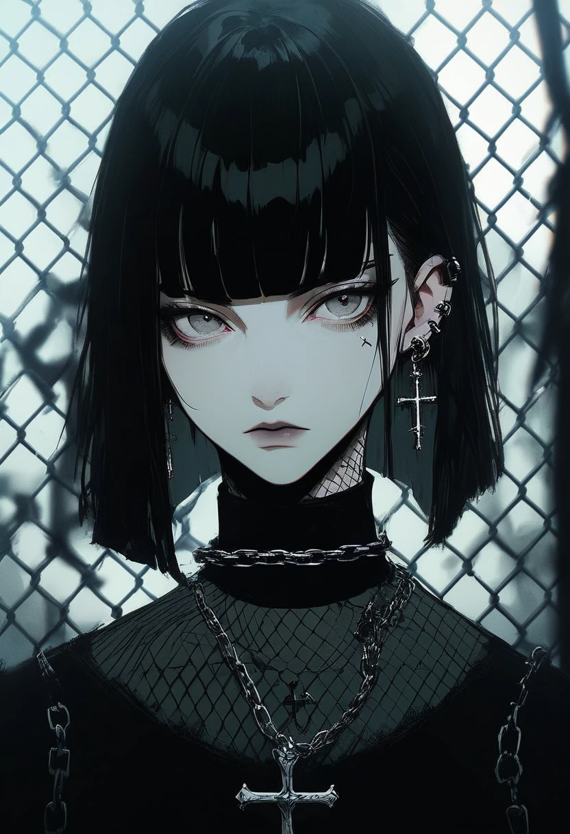 score_9, score_8_up, score_7_up, score_6_up, gthan, 1girl, jewelry, solo, chain-link fence, earrings, looking at viewer, fence, black hair, bangs, medium hair, blunt bangs, portrait, gothic, cross, closed mouth, cross earrings, chain, grey eyes, piercing, necklace