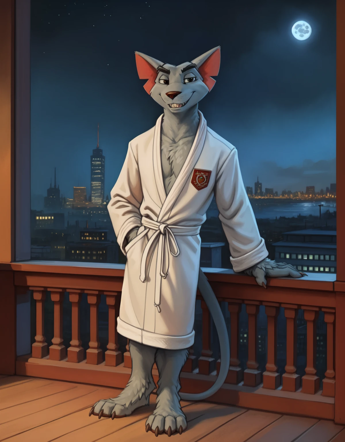 this photograph depicts garytherat in a bathrobe leaning on a balcony in new york, garytherat,rodent:1.2,rat:1.2, standing,  anthro, bathrobe, rodent tail, barefoot, detailed fur, male,solo, simple eyes, looking at viewer, smug, teeth, cinematic lighting, anatomically correct, symmetrical,4k,hi res,insanely detailed, inside, ultra realism shading,natural light,night, balcony, city, moonlight,<lora:garytherat_YM:0.8>, digital media (artwork), by snowskau, by foxovh, by Enki Bilal, Michael & Inessa Garmash, Ruan Jia, Pino Daeni, by ruan jia, by wolfy-nail, by kenket