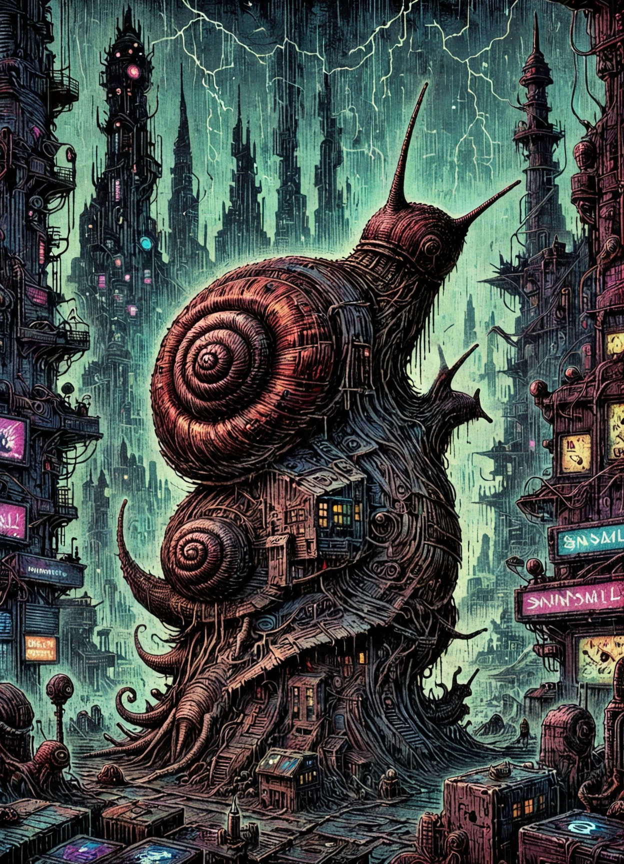 DonM5by55Pr1n7XL,  cyberpunk metropolis snail  <lora:DonM5by55Pr1n7XL:1>