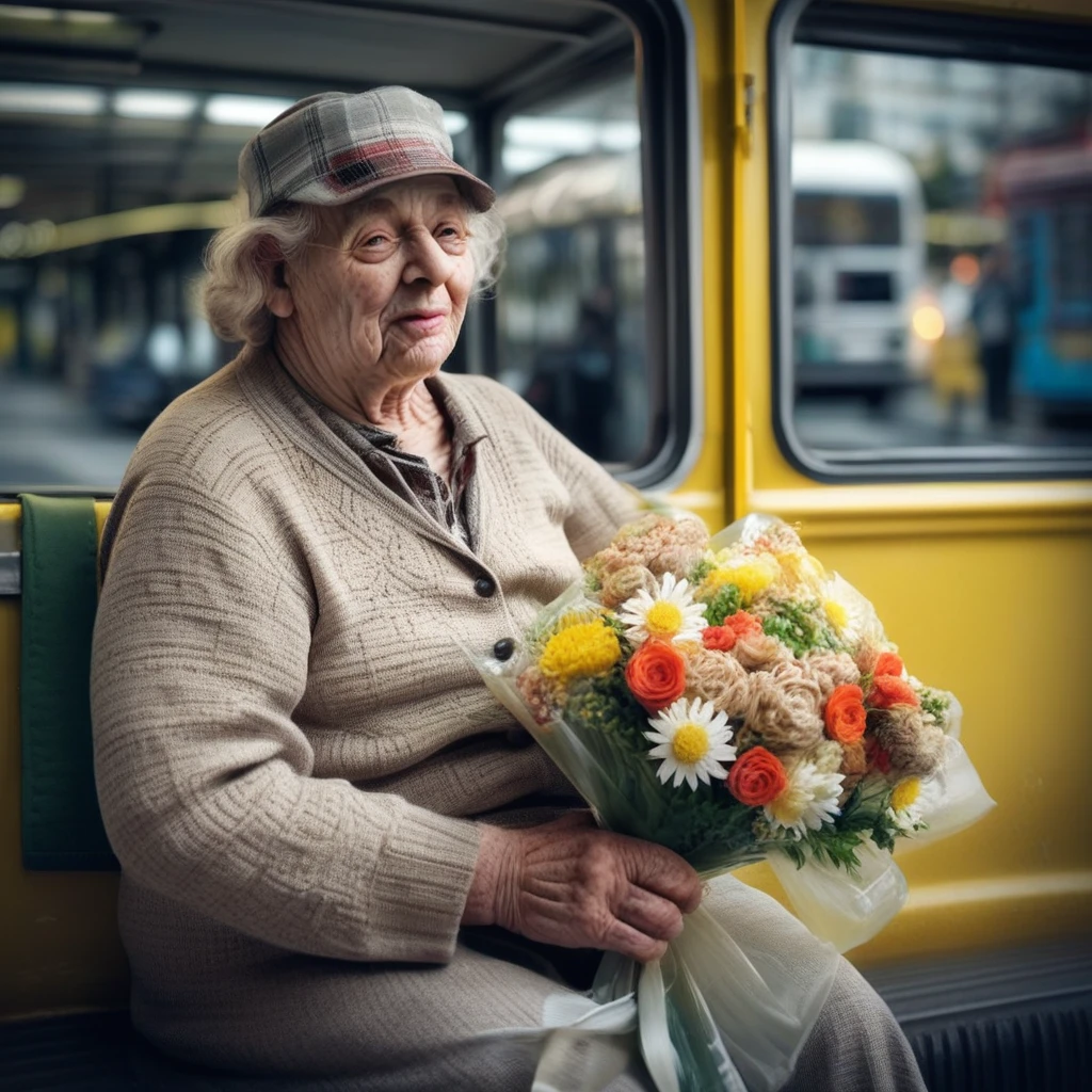 1boy. male focus. car. solo. old. realistic. food. flower. holding. outdoors. motor vehicle. old woman. blurry. This photo captures an elderly lady sitting on what appears to be public transportation seating outside during daylight hours. She's wearing warm clothing suitable for cooler weather conditions. The subject has curly hair that frames her face beautifully against the backdrop of urban life. Her expression conveys contentment while enjoying some fast-food snacks from a paper container marked "6". A bouquet of flowers rests nearby adding vibrant pops of yellow amidst muted tones. Blurred elements suggest movement within the scene; however, they do not detract from focusing sharply on our main character who holds both items mentioned above - one being edible and another decorative. Overall, it exudes warmth through its composition despite potentially cold surroundings due to seasonal attire worn by the individual captured herein. Dominantly earth tone palette complementing natural light sources enhances realism without compromising aesthetic appeal. High levels of detail are evident throughout all aspects including texture visible even