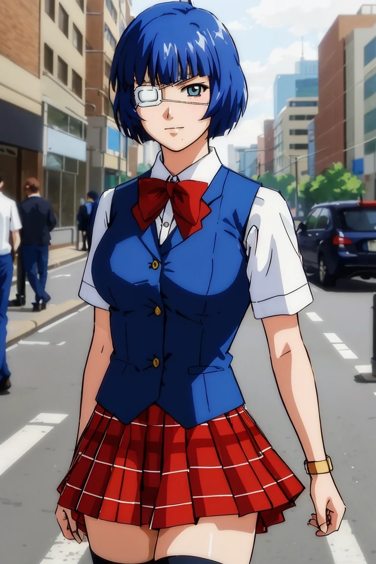 <lora:shimeiryomou-05:0.6>, ,((short hair, blue hair)), (slight smile),(eyepatch),closeup, portrait shimeiryomou, a photo of a woman, plaid skirt, shirt, vest, bow tie, thighhighs, eyepatch, walking, outdoors, city street, ((detailed eyes, detailed face))