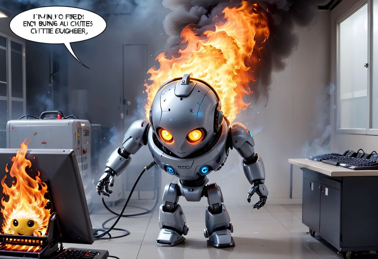 generation of ultra high quality photo with high resolution and sharp focus on theme ((burning computer servers)) of AI and the little robot civitay put out with a fire extinguisher and a caption above the robot's head help i'm fried comic book style