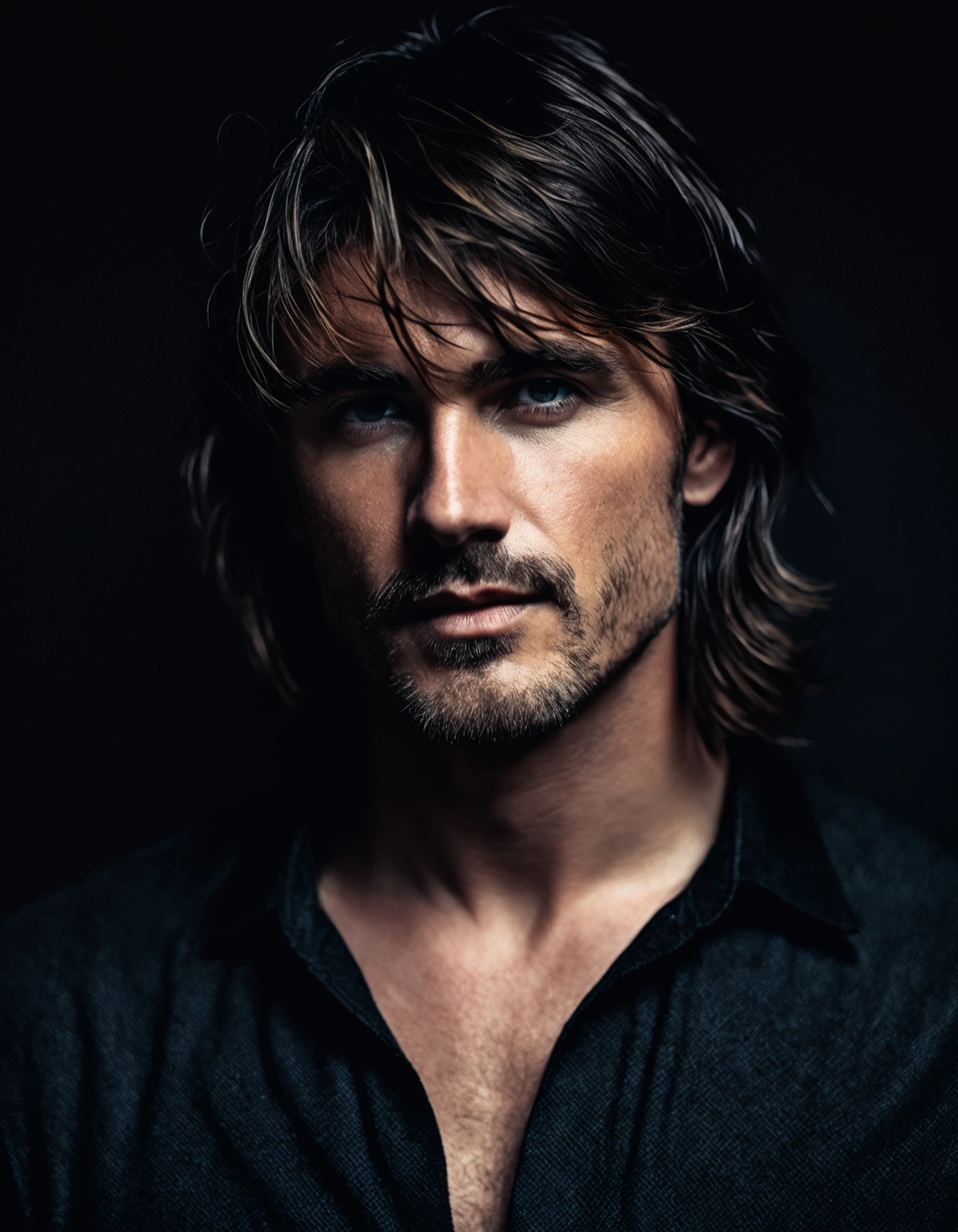 Realistic portrait photograph, contemporary style. Close-up of man, Medium height, mullet. Soft lighting creates a dramatic, moody ambiance with a dark, textured background. Detailed focus on his eyes. High-resolution image emphasizing texture and natural beauty.