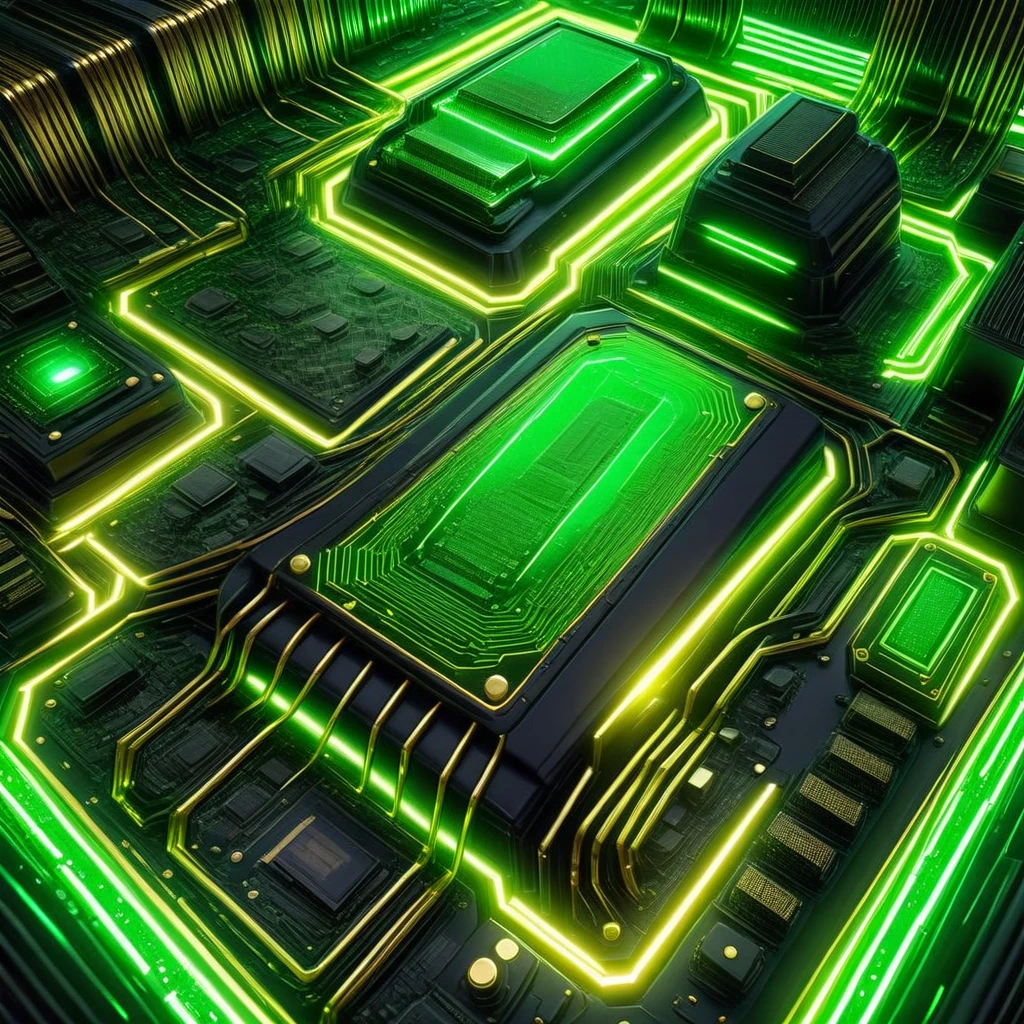 scenery, computer chips, no humans, stairs, green, black, futuristic, keyboard (computer), tron, book, from above, small flashing lights, robot, skyscraper, golden, green theme, science fiction, scifi, computer, glowing, screen, thin cables