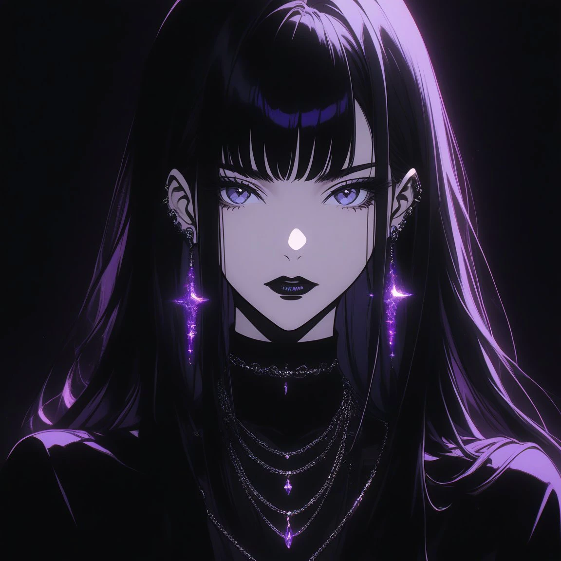 anime girl, best qulity, black hair, long hair, straight hair, purple eys,  black lipstick, necklace, earrings,  black outfit, dark background,  <lora:gothic_girl:0.9>, <lora:GLSHS:0.8> GLSHS, partially illuminated