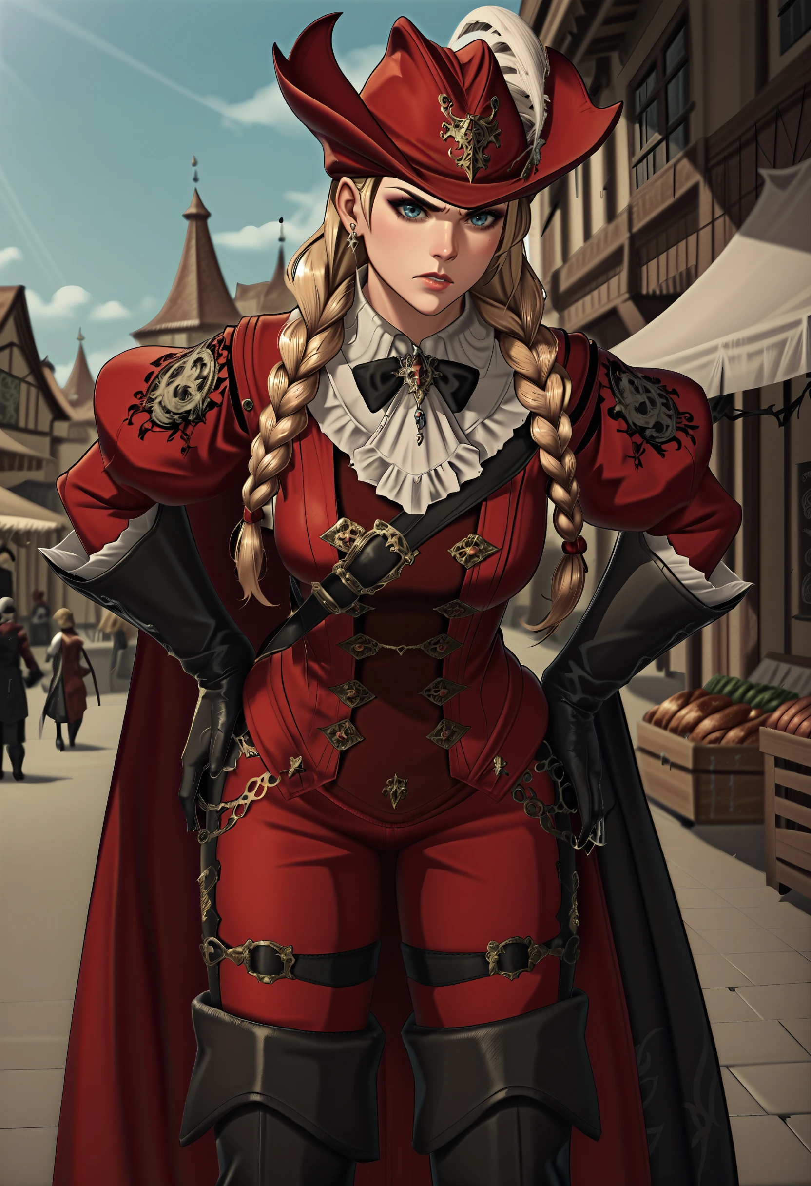 score_9, score_8_up, score_7_up,  1girl,  village, market, <lora:Red_Mage:1> rdmAf, duelist head, duelist body, duelist gloves, duelist pants, duelist cape, duelist boots, hat feather, blonde hair, twin braids, glaring, hands on hips, market stall, Pov, pov across market stall,  (leaning forward:1.2), cowboy shot,