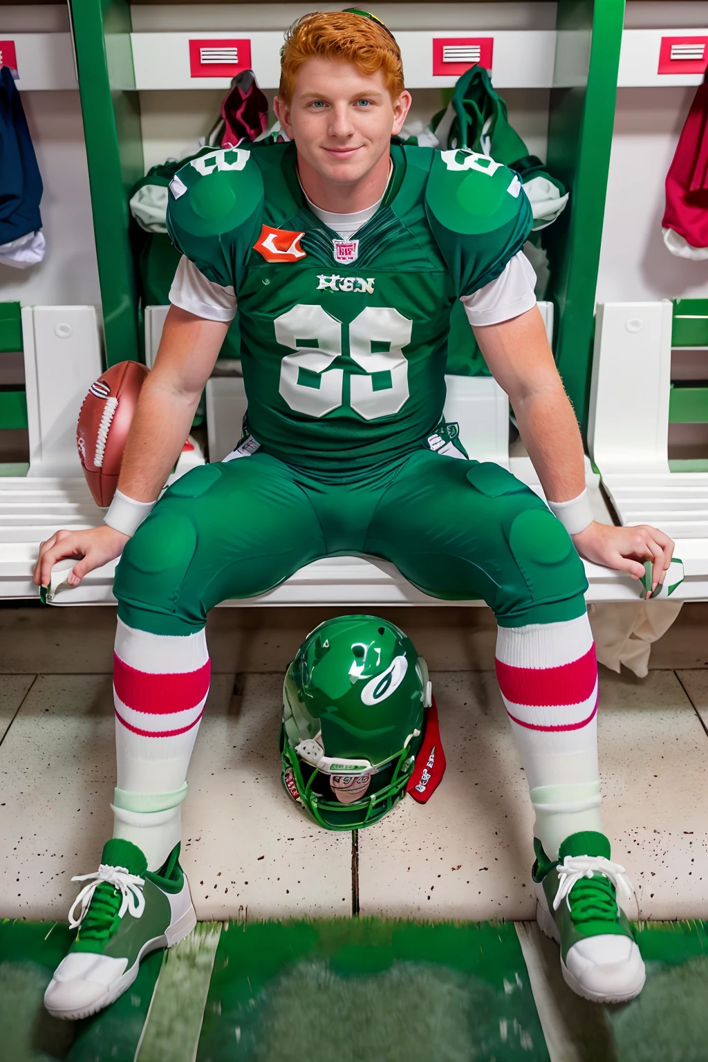 locker room, sitting on a bench, in front of lockers, smiling, ginger hair, MaxLorde is an (American football player), wearing (football uniform:1.3), (kelly green jersey:1.4), (kelly green shoulder pads), jersey number 88, (white football pants:1.3), (kelly green socks:1.3), long socks, (sneakers:1.3), (((full body portrait))), wide angle <lora:MaxLorde:0.8>