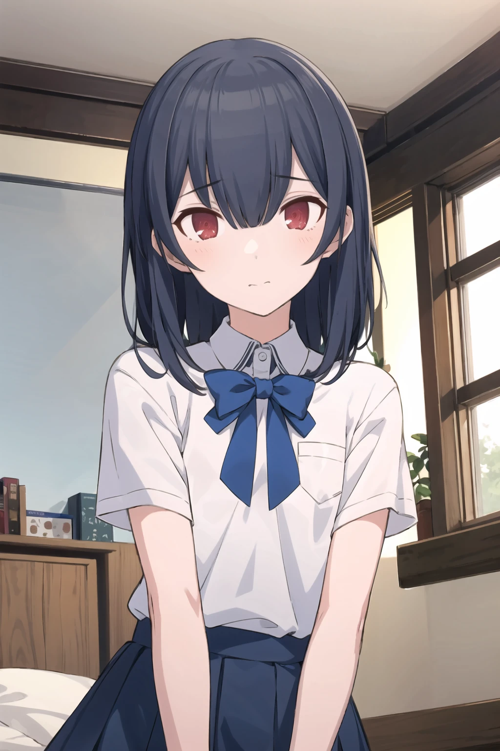 r_morinoFCW, straight hair, 1girl, solo, red eyes, medium hair, black hair, blue hair, bangs, hair between eyes, flat chest, looking at viewer, closed mouth, blush, school uniform, <lora:r_morino:1>