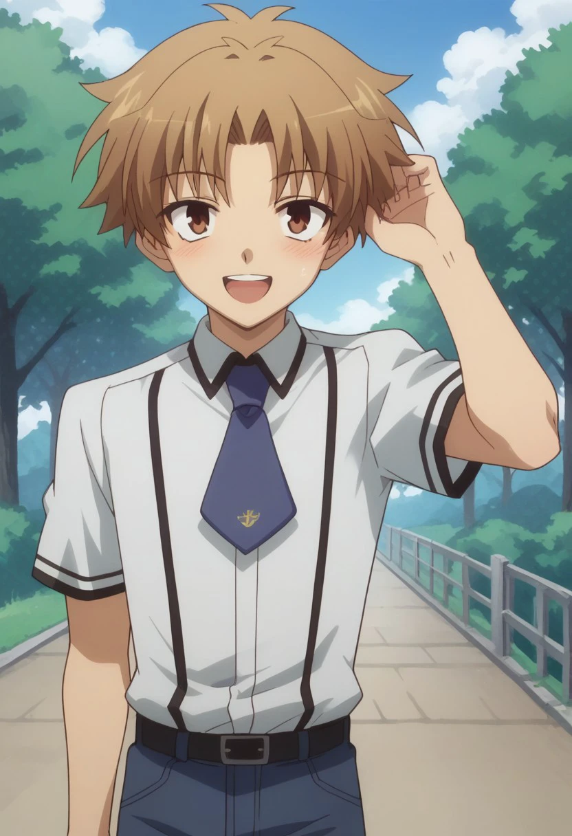 score_9, score_8_up, score_7_up, source_anime, highly detailed, 
akihisayoshi, 1boy, male focus, brown eyes, solo, brown hair, smile, open mouth, shirt, necktie, blue necktie, blush, white shirt, school uniform, short sleeves, blue pants, looking at viewer,
outdoor, sky, tree,