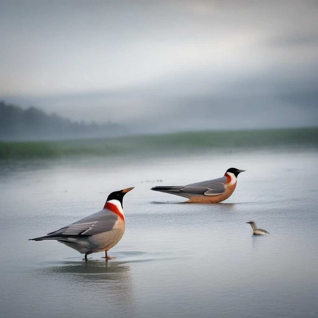 no humans. bird. water. animal focus. realistic. The photo captures two birds swimming on calm waters under an overcast sky. Both birds are facing towards each other while floating near one another. Their feathers appear soft-focused against the clearer reflection beneath them. Aesthetic elements include subtle ripples across the surface of the lake that add texture to both the foreground and background areas. Realistic tones dominate throughout the scene without any visible signs of high dynamic range issues such as blown highlights or blocked shadows. There's minimal visual distortion due to lens flare or camera shake which contributes to maintaining natural lighting conditions within the frame. Overall, it conveys tranquility through its composition by focusing solely on these aquatic creatures amidst their serene environment. No human presence can be detected from either subject matter nor contextual clues provided by surrounding objects or structures. This suggests careful consideration was given during post-processing regarding selective sharpening for certain parts of the image like wingspan where more detail