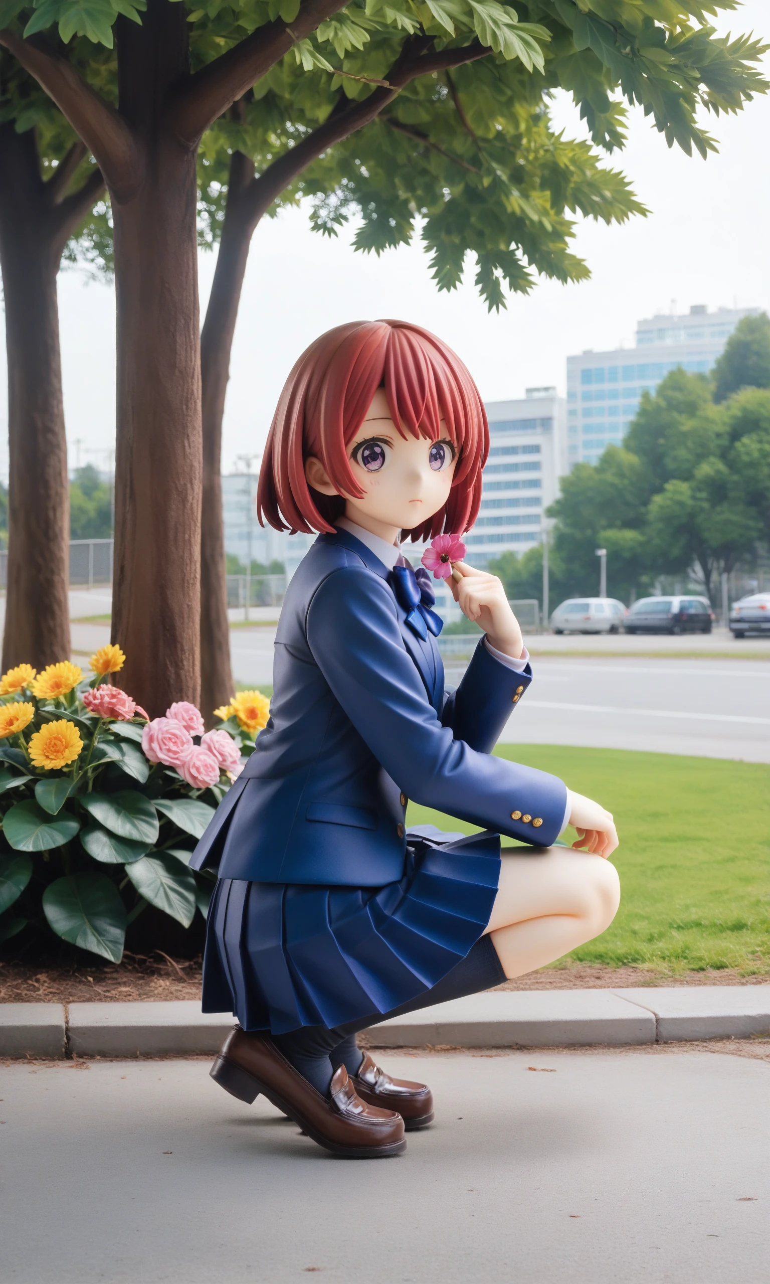 score_9,score_8_up,score_7_up,source_anime,highly detailed figure,real world location,photo background,the real background,
nishikino maki, 1girl, solo, looking at viewer, short hair, skirt, long sleeves, holding, bow, jacket, school uniform, purple eyes, flower, outdoors, red hair, pleated skirt, shoes, socks, day, bowtie, blue skirt, tree, blue bow, squatting, blue jacket, black socks, grass, blazer, scenery, motor vehicle, blue bowtie, winter uniform, otonokizaka school uniform, photo background, real world location