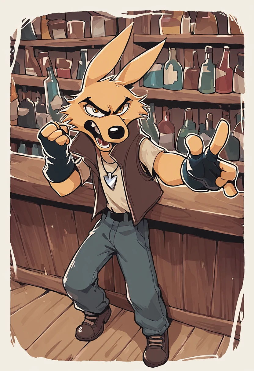 score_9, score_8_up, score_7_up, best quality, hires, male, solo, coyote, fingerless gloves, vest, angry, pointing at viewer, open mouth, source_furry, full body, looking at viewer, bar, <lora:Hank:1>