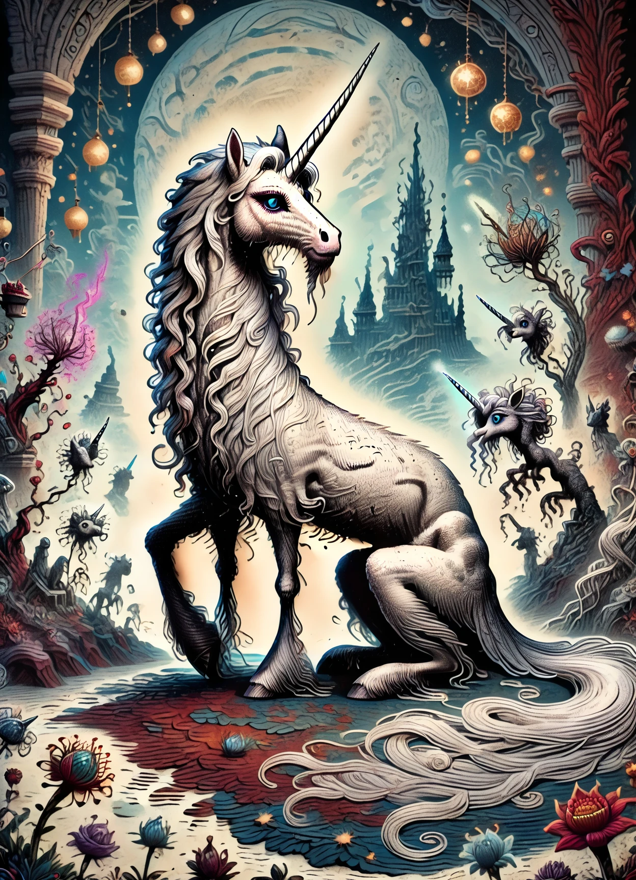 DonM5by55Pr1n7XL, score_9, score_8_up, score_7_up, score_6_up, abysal, 2d illustration, unicorn, mythical majestic horse creature, single horn, white colored long slender straight horn, elegant noble posture, gentle wise expression,  purity, grace, magical, enchanting ,  rating_safe  <lora:DonM5by55Pr1n7XL-pony:1.1>