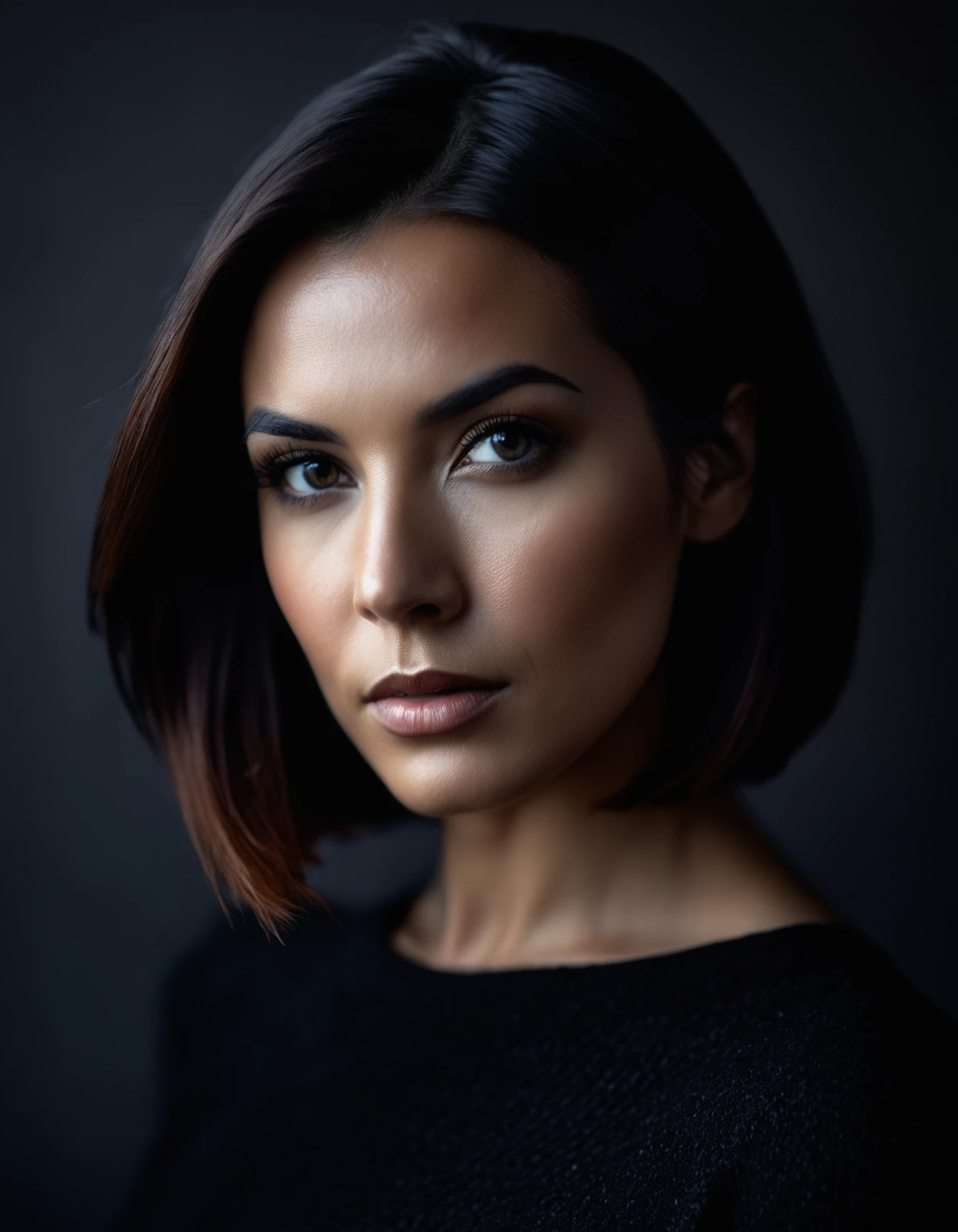Realistic portrait photograph, contemporary style. Close-up of woman, Average height, sleek bob. Soft lighting creates a dramatic, moody ambiance with a dark, textured background. Detailed focus on her eyes. High-resolution image emphasizing texture and natural beauty.