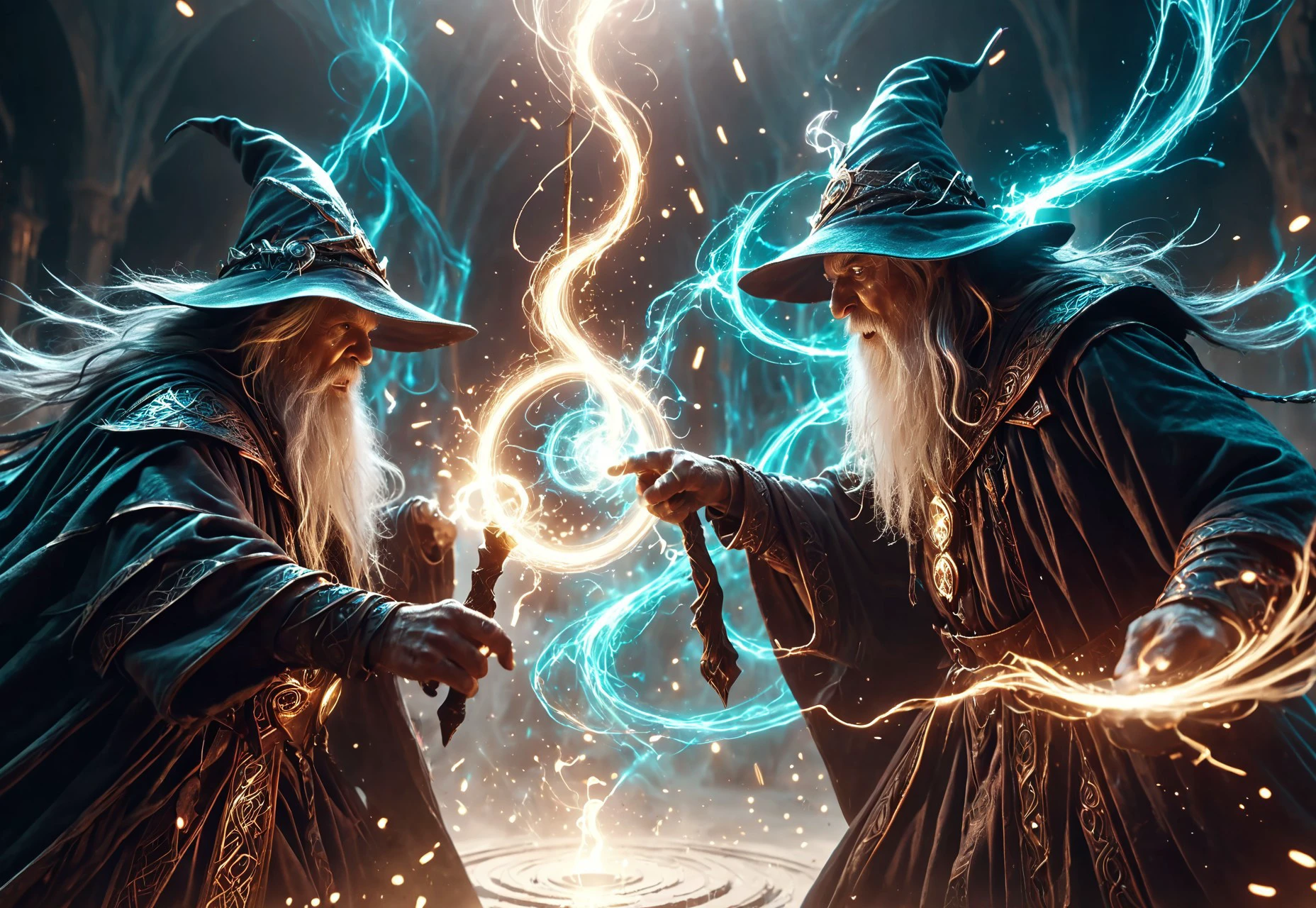 2 wizards, close up, action, dynamic, (Within the shimmering confines of a Magical arena, Wizards duel, their spells colliding in a spectacle of light and power, as arcane energies crackle in the air.:0.5) ([Mythopunk|Forestpunk]:1.3), UHD