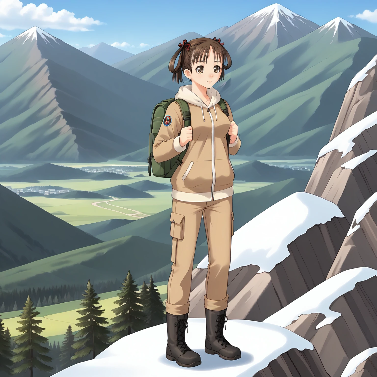 <lora:SnIMnI_NatsumeSorayamaXLpony003>,
solo,
NatsumeSorayama,1girl,brown hair,hairrings,hair ribbon,twintails,brown eyes,
medium breasts,
outdoors,mountain climbing,mountain,sky,cloud,
full body,standing,
winter_clothes,hoodie,down_jacket,cargo_pants,boots,backpack,