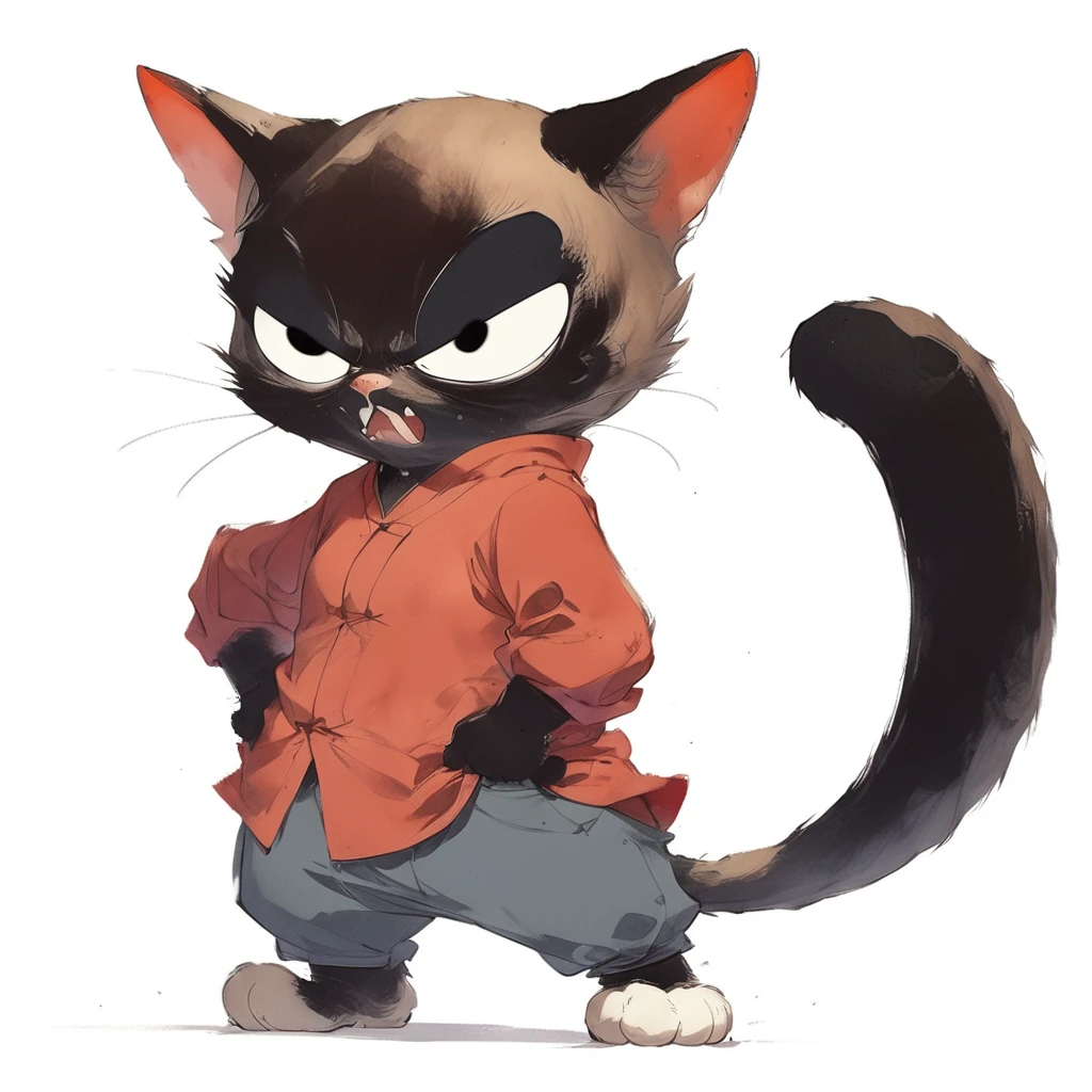 <lora:catsXL_1img_test3:1>,anthropomorphic cat character,black cat,solo,white background,standing,red chinese clothes,black pants,white footwear,front view,open mouth,angry,furrowed brow,