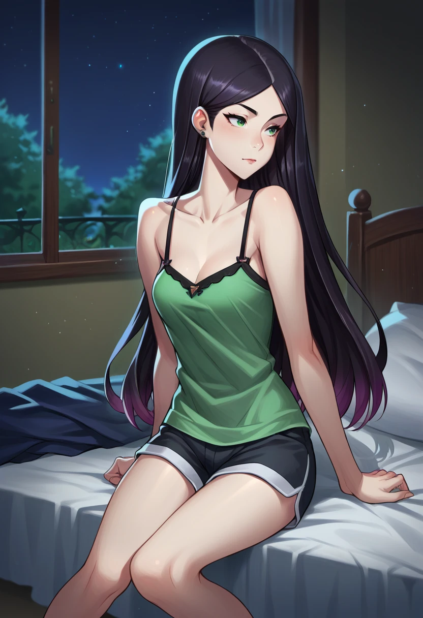 score_9, score_8_up, source_anime, 1girl, solo, Claudia, black hair, gradient hair, long hair, green eyes, earrings, sleepwear, camisole, shorts, on bed, night, <lora:ChamClaudiaPonyXL:1>