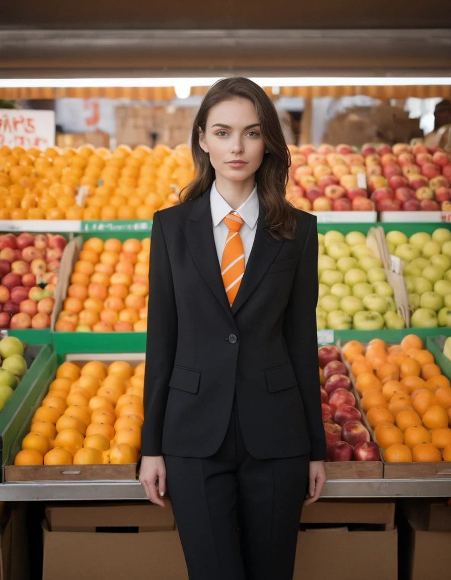 A woman in a stylish black suit with a unique tie stands confidently in front of a vibrant fruit stand, showcasing apples and oranges, Soft, even lighting highlights her features and creates a balanced composition placing her centrally, The fruit stand adds a pop of color and depth to the image, The overall aesthetic focuses on fashion and everyday life,