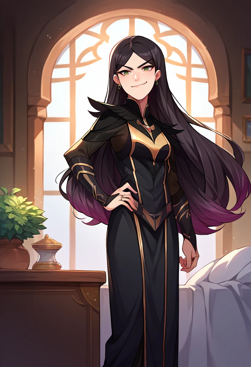 score_9, score_8_up, source_anime, 1girl, solo, Claudia, black hair, gradient hair, long hair, green eyes, earrings, black dress, two-tone dress, gold-trim, feather shoulder pads, long sleeves, bridal gauntlets, belt, black pants, black boots, indoors, hand on hip, smirk, <lora:ChamClaudiaPonyXL:1>