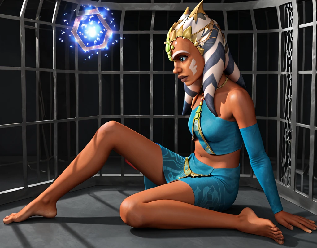 Slave Ahsoka Tano, Full-body art, elf chained, bound, elf girl in shackles, girl squatting, kneeling, knees on the ground, dark bikini, camel toe, small breasts, girl chained in dungeon, dark and dirty dungeon, stone walls, chains, witch with shackles, dark and humid environment, knees spread, thinking expression