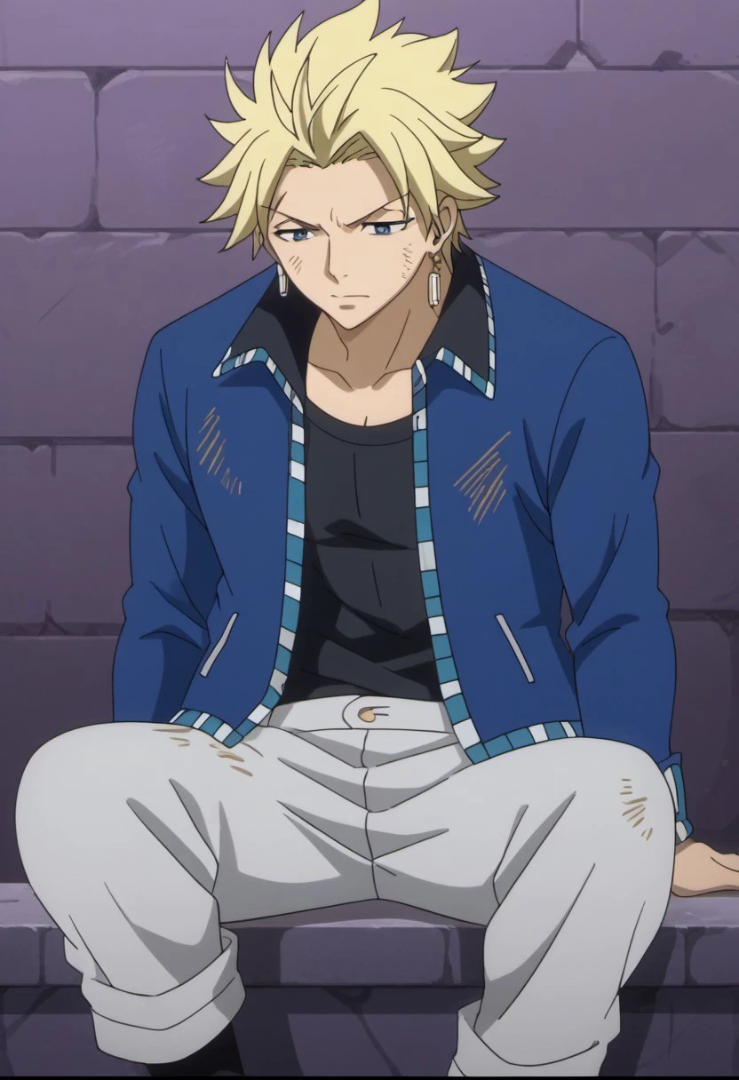 score_9, score_8_up, score_7_up, source_anime, rating_safe, StingFT, Sting blonde hair, light yellow Sting single earring, 1boy, male focus, anime screencap, black Sting shirt, blue Sting jacket, grey Sting pants, cropped feet, sitting,