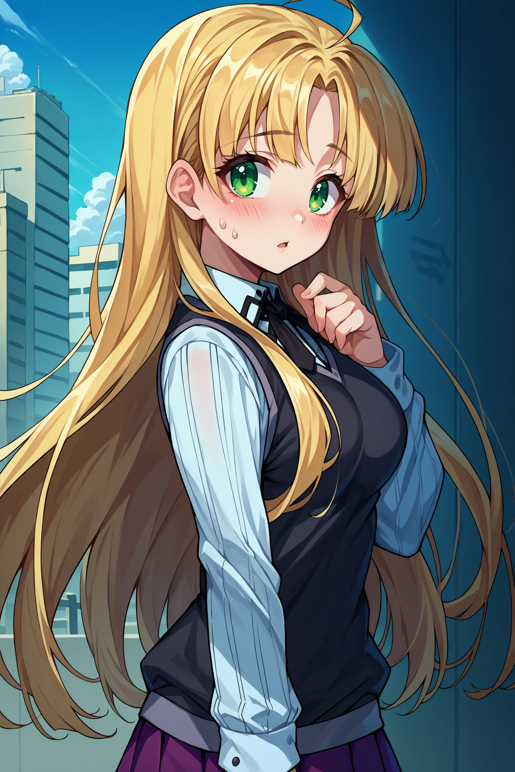score_9, score_8_up, score_7_up, score_6_up, source_anime, 1girl, solo, <lora:asiaargento-pdxl-nvwls-v1-000005:1> dxdaa, blonde hair, very long hair, green eyes, ahoge, white shirt, black sweater vest, neck ribbon, collared shirt, long sleeves, purple skirt, pleated skirt, medium breasts, blush, chestnut mouth, blue sky, city, looking at you, from side, sweatdrop