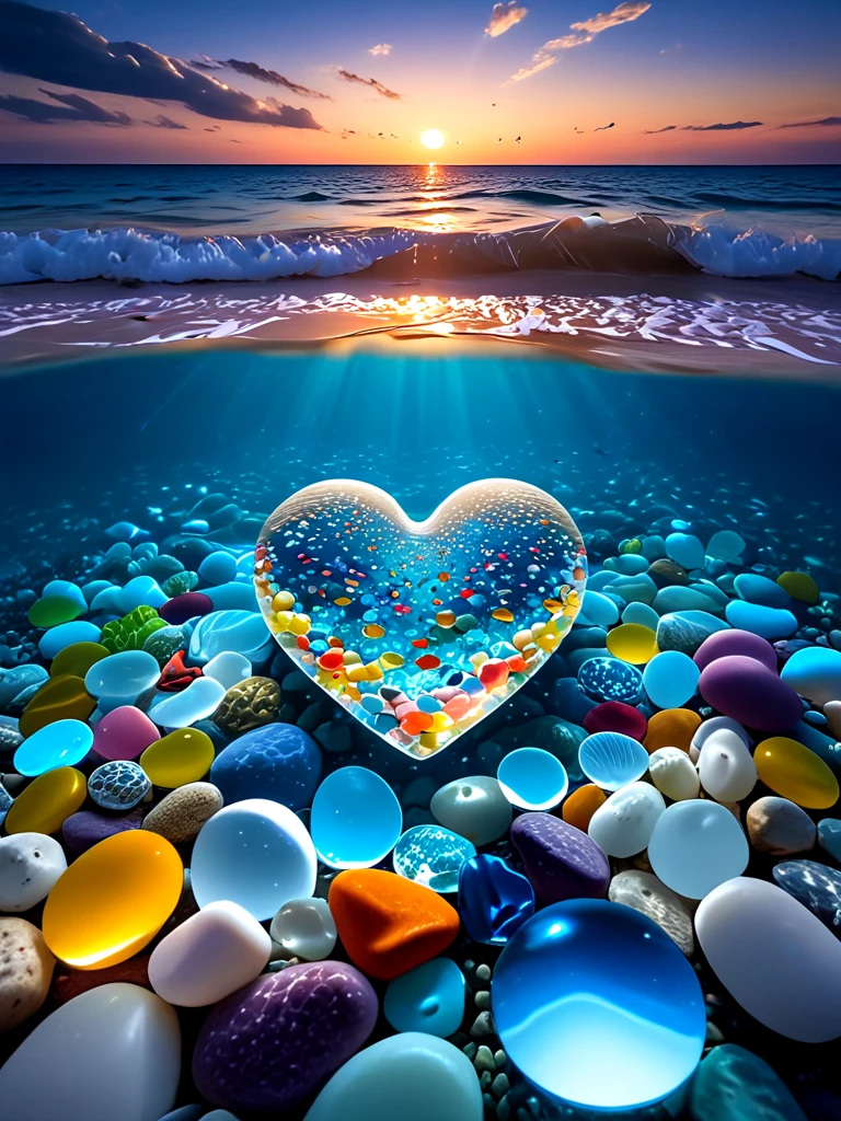 underwater illumination, deep water, ocean, sea, multicolored glass pebbles, transparent, glowing, reflection, fish, sky, sun, heart-shpae gem, <lora:glasspebblesunderwater_sdxl:0.8>